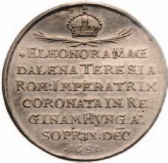 PFALZ-NEUBURGI ELEONÓRA MAGDOLNA TERÉZIA koronázási érem, ezüst, 1681 A Szent Korona, alatta két, egymást keresztezœ pálmaág.