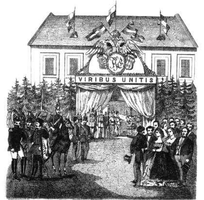 Goldberger gyárban tett császári látogatás fametszete 231 Május 7-én Óbudán meglátogatták a Goldberger család karton-kendő-gyárát, ahol 1852.
