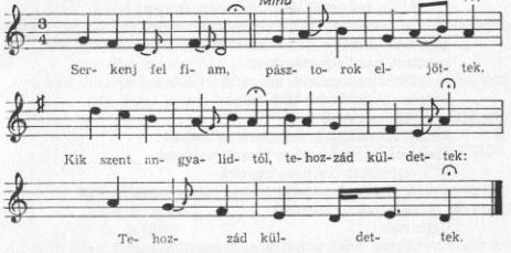 İreg csobán: Szüz Mária (énekli) (Az ének alatt a pásztorok felébresztik egymást. Botjaik segítségével egymás után, ahogy sorjában felkelnek, ugranak az elıtt, aki még lent van és még alszik.