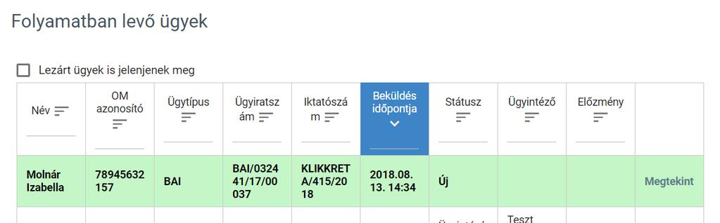 11. A beküldött új kérelem megjelenik a