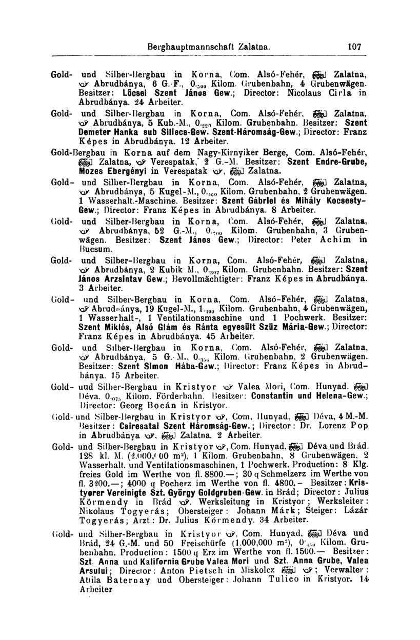 Berghauptmannschaft Zalatna. 107 Gold- und Silber-Bergbau in Korna, Com. Alsó-Feher, feű Zalatna, KP Abrudbánya, 6 G. F., 0 - ü(, Kilom. Grubenbahn, 4 Grubenwägen. Besitzer: Lőcsei Szent János Gew.