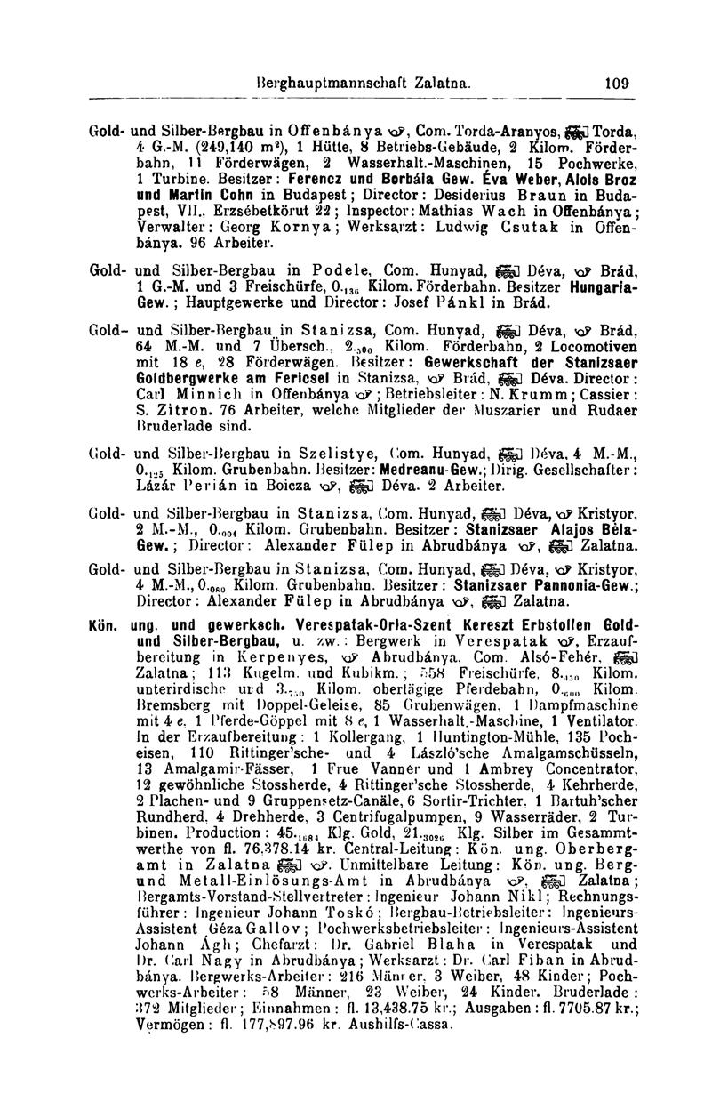 Berghauptmannschaft Zalatna. 109 Gold- und Silber-Bergbau in OfFenbánya xp, Com. Torda-Aranyos, feűtorda, 4 G.-M. (249,140 m 2 ), 1 Hütte, 8 Betriebs-Gebäude, 2 Kilom.