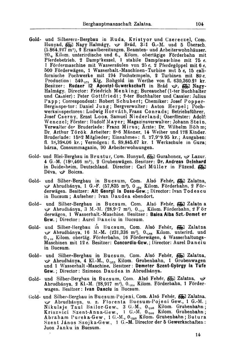 Berghauptmannschaft Zalatna. 104 Gold- und Silbererz-Bergbau in Ruda, Kristyor und Czereczel, Com. Ilunyad, feű Nagy Halmágy, KP Brád, 3>1 G.-M. und 5 Übersch. (5.