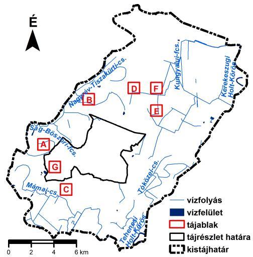 6. ábra. A Tiszazug vízhálózatának fontosabb elemei. A betűkkel jelölt mintaterület-részletek megnevezését lásd a 3. ábránál.