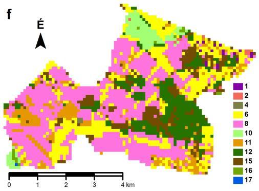 27. ábra. A folttérkép 5 méteres (a), 20 méteres (b), 40 méteres (c), 60 méteres (d), 80 méteres (e) és 100 méteres (f) felbontásnál. (A jelmagyarázatot lásd a 26. ábránál.) A 28.