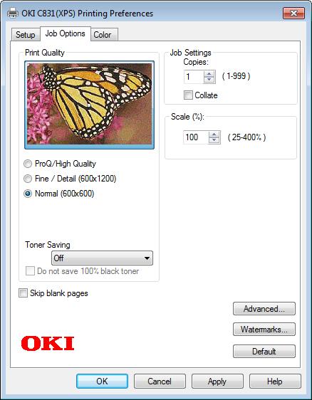 [Feladatbeállítások] (Job Options) lap Elem Nyomtatási minőség (Print Quality) Skip blank pages (Skip blank pages) Job Settings (Job Settings) Scale (Scale) Speciális (Advanced) Vízjelek (Watermarks)