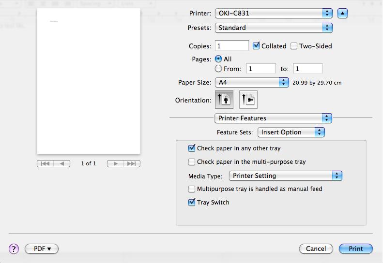 Elem Default (Default) Leírás  A Mac OS X operációs rendszerhez való PS nyomtató-illesztőprogram [Nyomtatófunkciók] (Printer Features) panel Elem Feature Sets (Feature Sets) Options (Options) Leírás