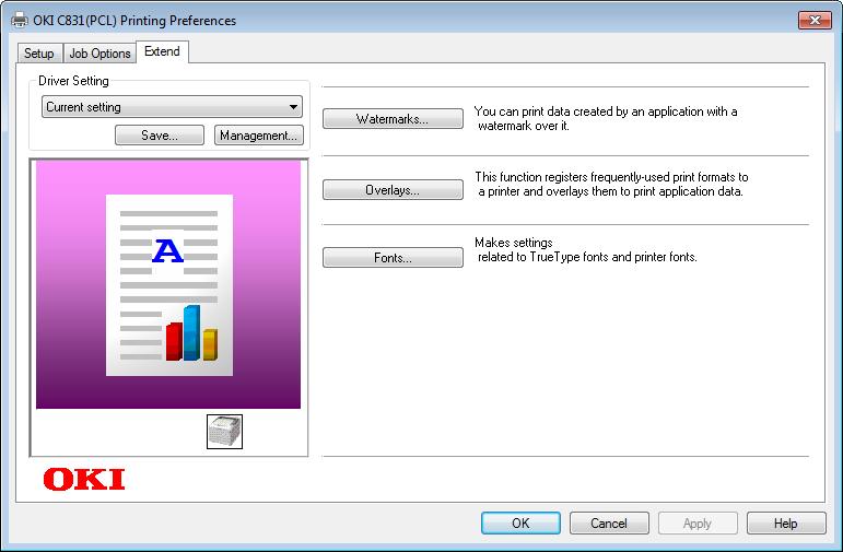 [Meghosszabbítás] (Extend) lap Elem Illesztőprogram beállításai (Driver Setting) Preview (Preview) Vízjelek (Watermarks) Leírás Az illesztőprogram beállításainak mentésére szolgál.