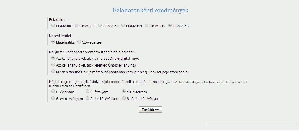 2. Feladatonkénti eredmények Matematika - 2013 Ebben az elemzési típusban a tesztfeladatokkal kapcsolatos információkat tekinthetjük meg.