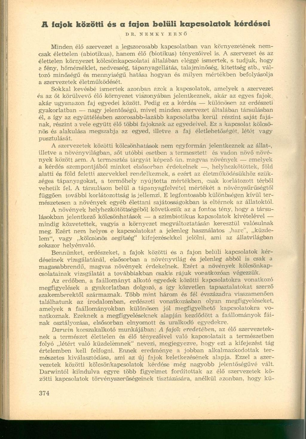 A fajok közötti és a fajon belüli kapcsolatok kérdései DE.