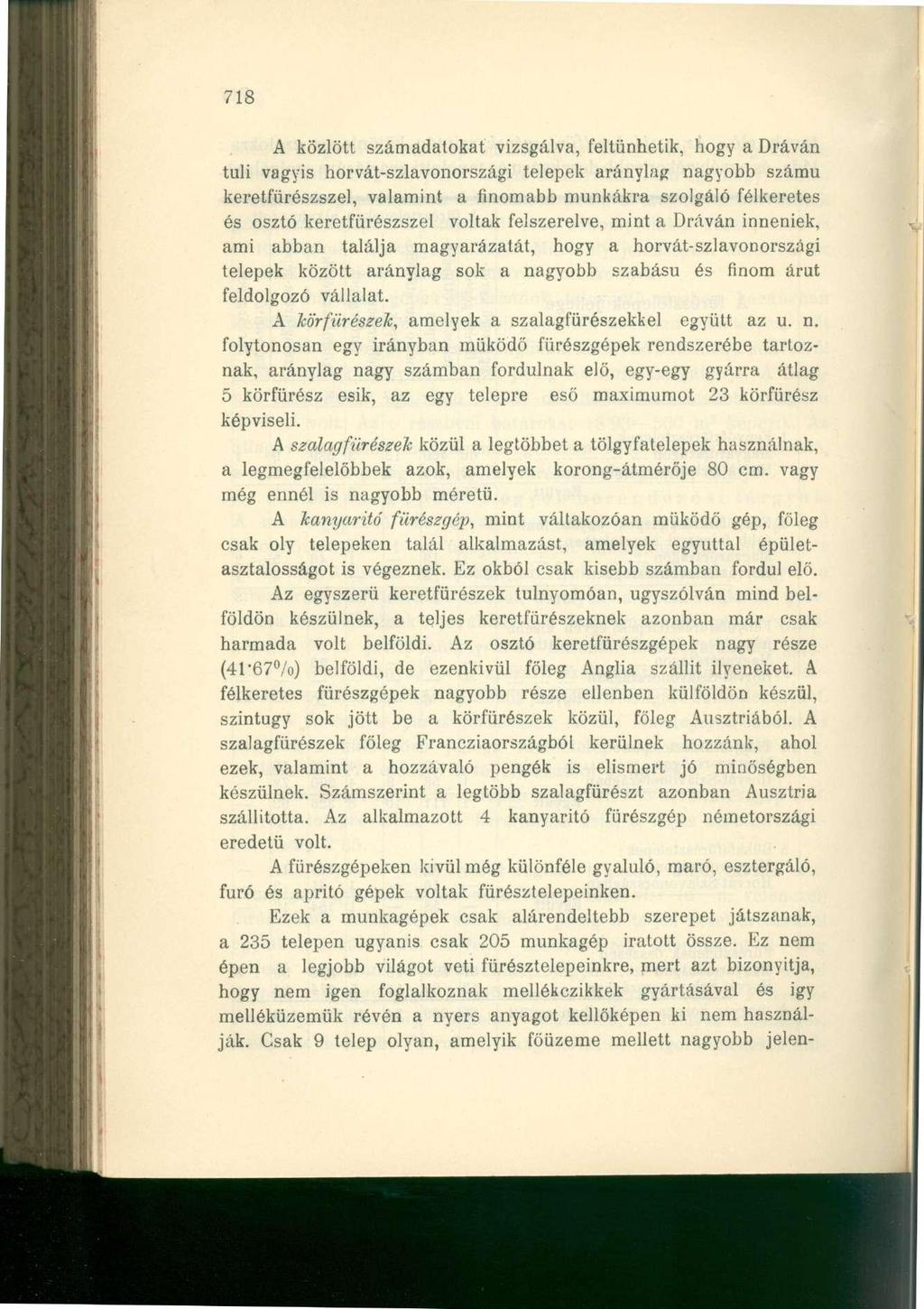 718 A közlött számadatokat vizsgálva, feltünhetik, hogy a Dráván tuli vagyis horvát-szlavonországi telepek aránylag nagyobb számú keretfürészszel, valamint a finomabb munkákra szolgáló félkeretes és