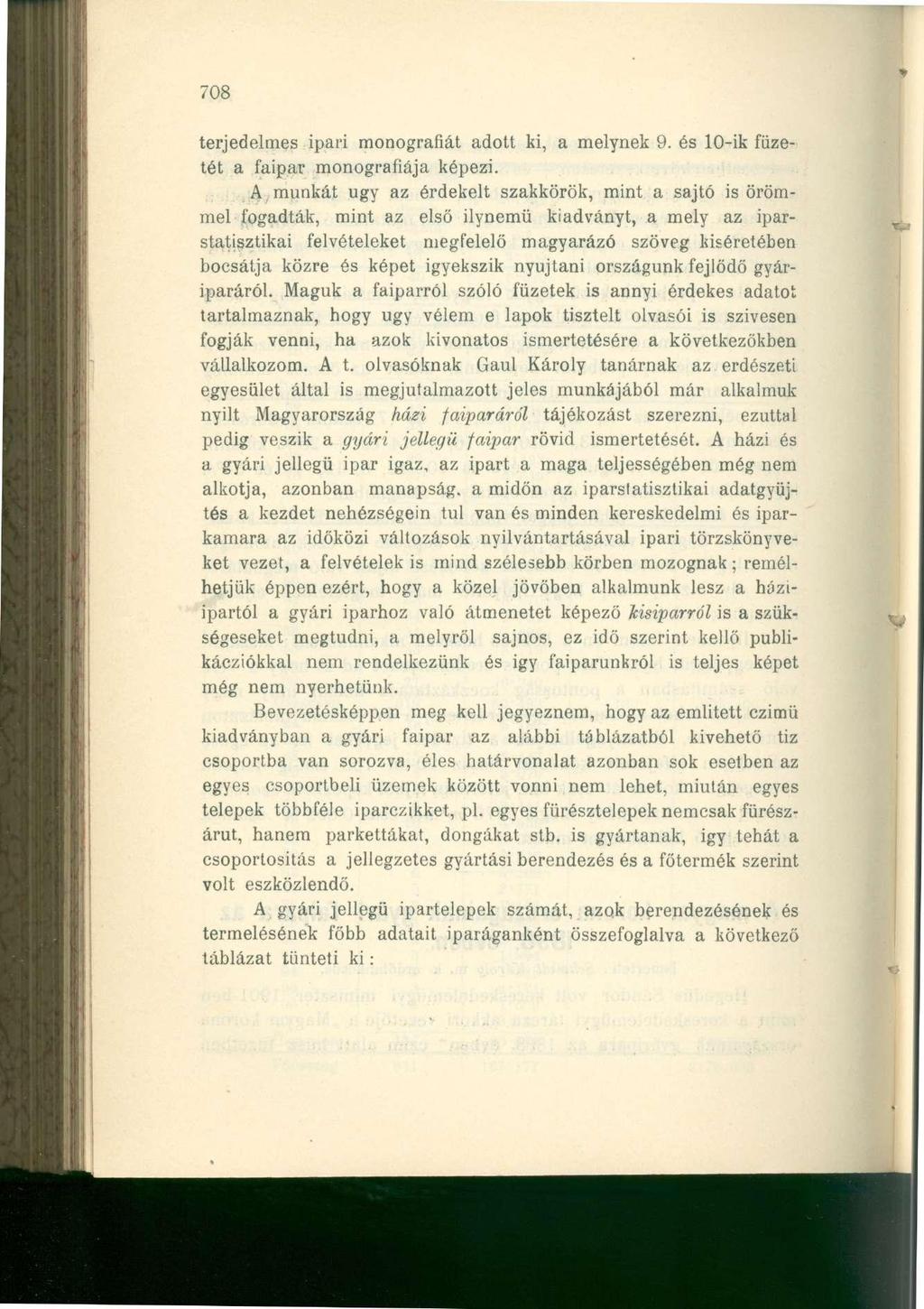 708 terjedelmes ipari monográfiát adott ki, a melynek 9. és 10-ik füzetét a faipar monográfiája képezi.