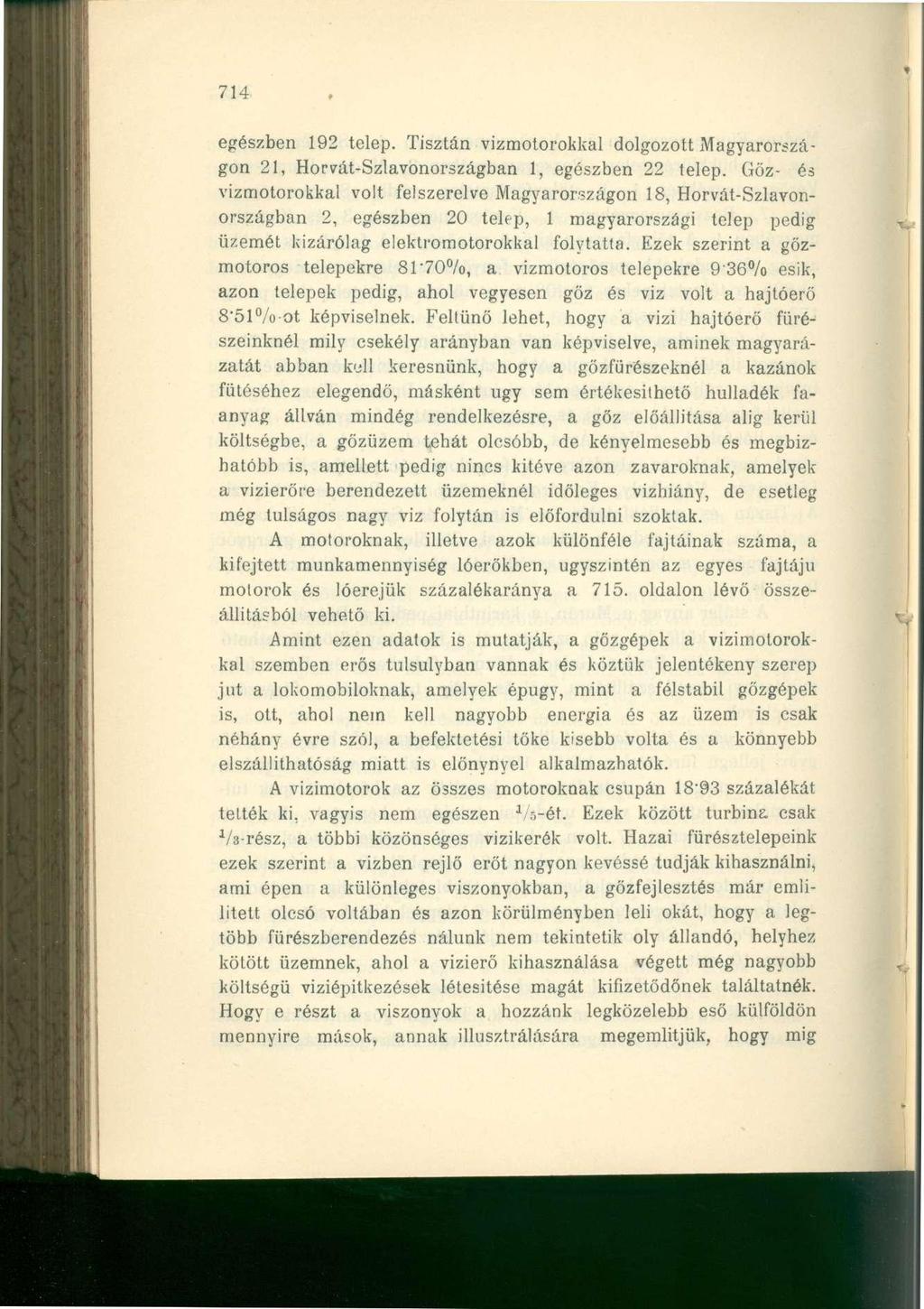 714 egészben 192 telep. Tisztán vizmotorokkal dolgozott Magyarországon 21, Horvát-Szlavonországban 1, egészben 22 telep.