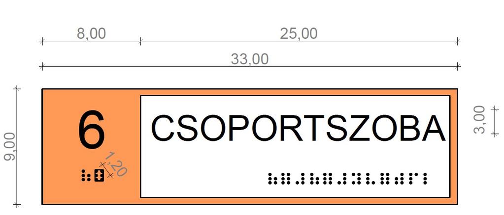 1 db készül Funkciójelző táblák: A kb. 6*20 cm-es műanyag táblák az adott helyiség ajtója mellett 110-150 cm magasan kerülnek elhelyezésre, pl.