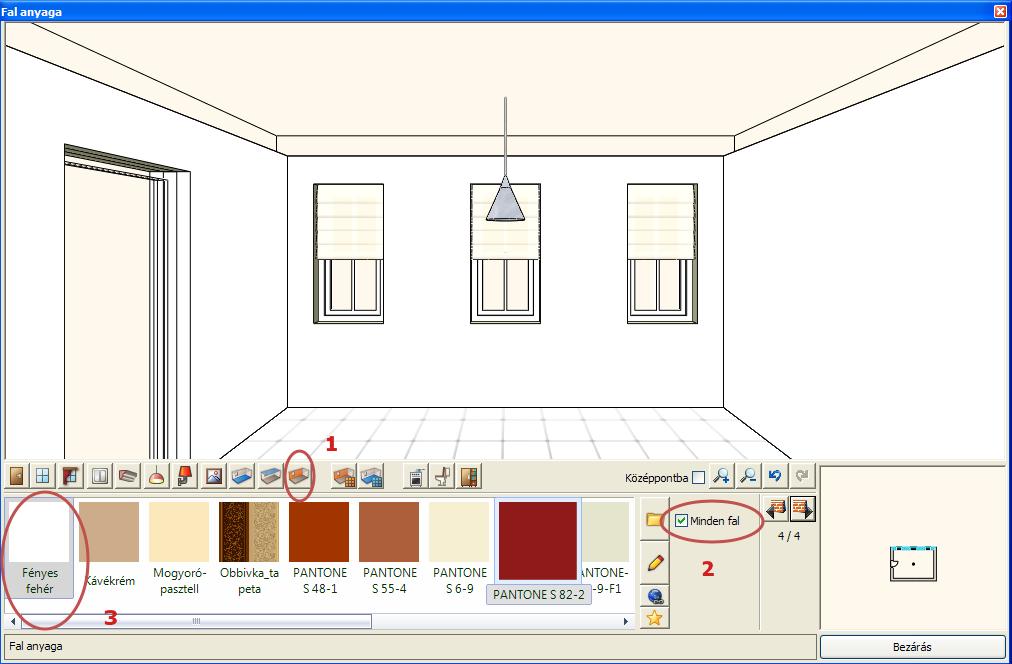14 4. Lecke: Konyha tervezés - Bútorvarázsló Anyag módosítása minden falon Kattintson a Fal anyaga ikonra az Eszköztárban(1).