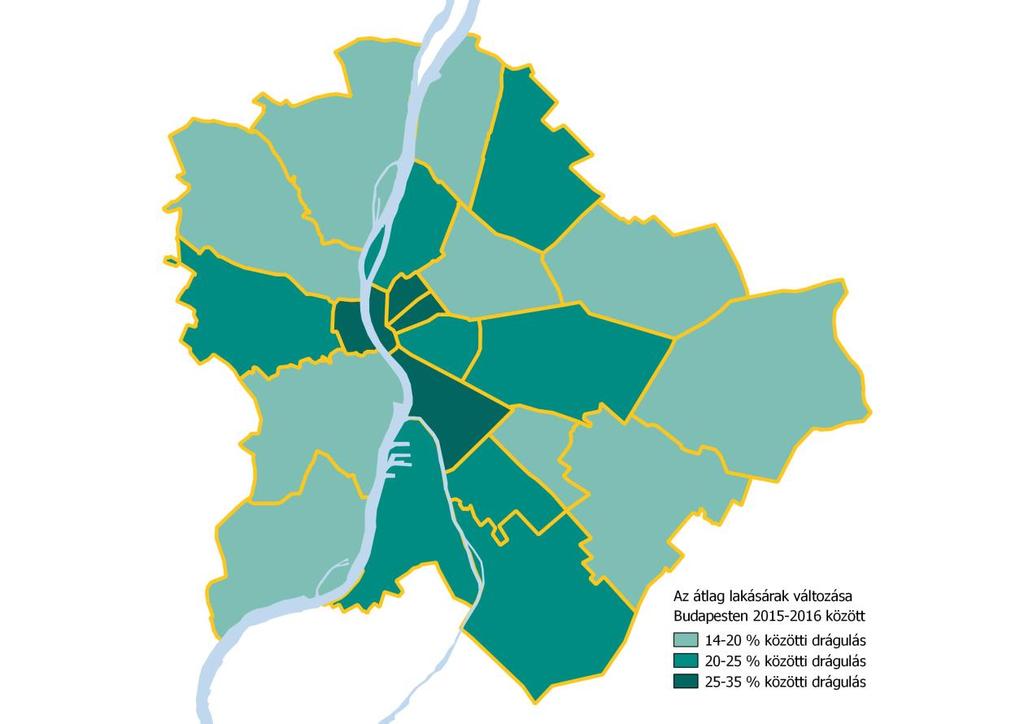 1. térkép. Az átlag lakásárak változása 2015 és 2016 között Budapest egyes kerületeiben.
