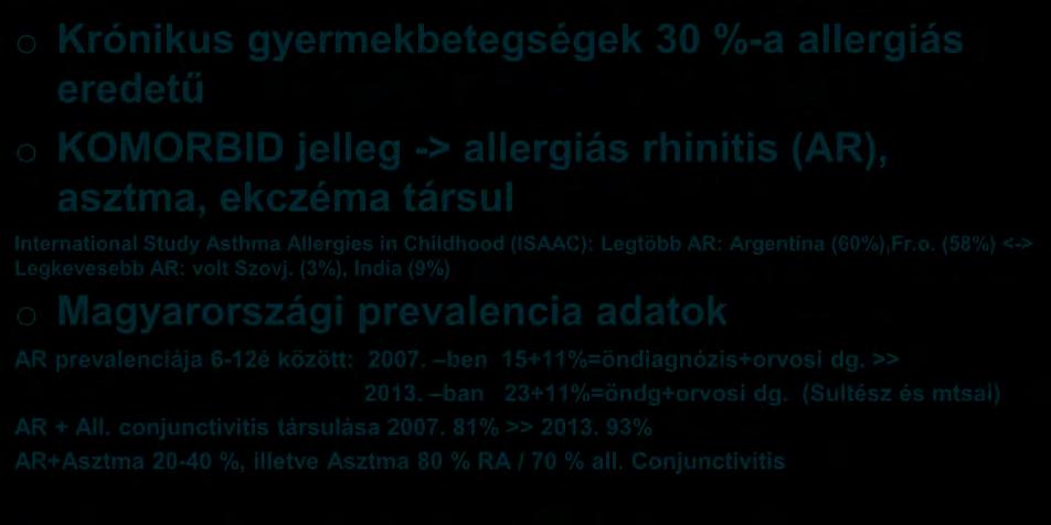 EPIDEMIOLÓGIA o Krónikus gyermekbetegségek 30 %-a allergiás eredetű o KOMORBID jelleg -> allergiás rhinitis (AR), asztma, ekczéma társul