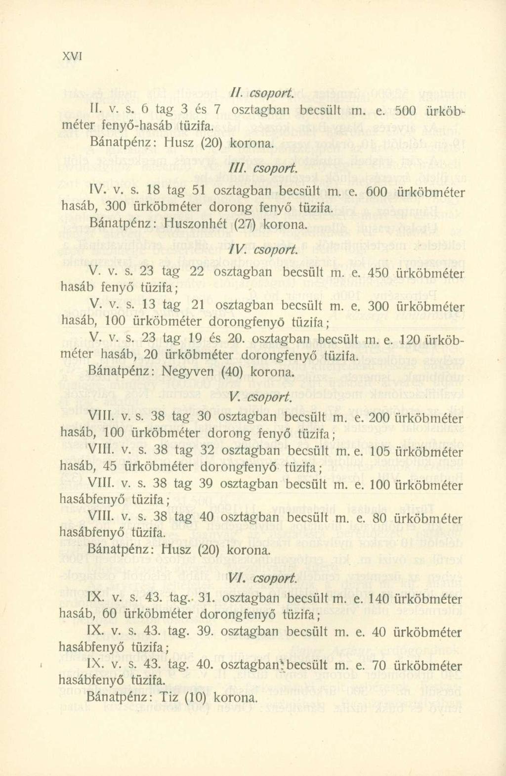 //. csoport. II. v. s. 6 ta g 3 é s 7 osztagba n becsül t m. e. 50 0 ürköb - méter fenyő-hasá b tűzifa. Bánatpénz: Hus z (20 ) korona. ///. csoport. IV. v. s. 1 8 ta g 5 1 osztagba n becsül t m. e. 60 0 ürköbméte r hasáb, 30 0 ürköbméte r doron g feny ő tűzifa.