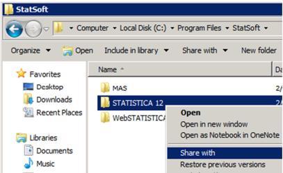 használatát. A telepítés befejezéséhez kattintson a Finish gombra. Újraindítás után először ismét rendszergazdaként kell bejelentkeznie. 15. Ossza meg a telepített STATISTICA könyvtárat.
