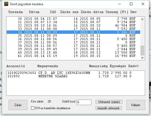 5.6.3 A jegyzékek zárása A kiállított raktárterhelő jegyzékekről zárást készíthet ebben a menüpontban. Belépve a következőt láthatja: A fenti példa több jegyzéket mutat.