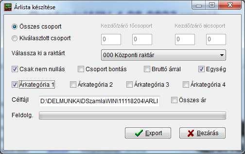 Ha csak főcsoportra szeretne szűkíteni, az alcsoportnál hagyja 0-án mind a kezdő, mind a záró értéket; határozza meg a raktárt, amelyből szeretne kiíratni; csoportonként bontva: a teljes lista