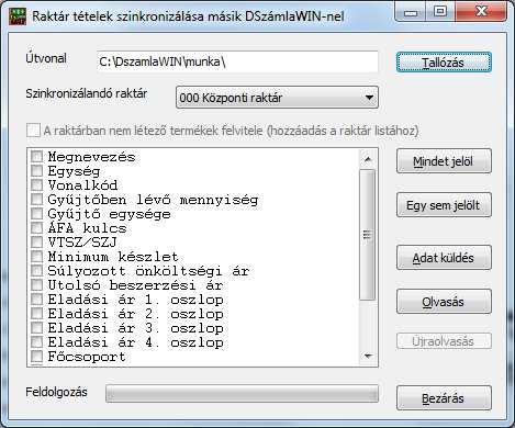 3.10.9 Adatok szinkronizálása másik DszámlaWIN-nel Egy másik DszámlaWIN programból készült mentésből lehet bizonyos adatokat szinkronizálni.