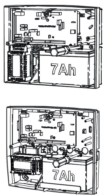 Akkumulátor(ok) csatlakoztatása Telepítéskor: (PD6662: 2004) esetén elegendő eg db 12V 7Ah vag 12V 17Ah akkumulátort csatlakoztathatunk a vezérlőpanelhez, egéb esetben két db 12V