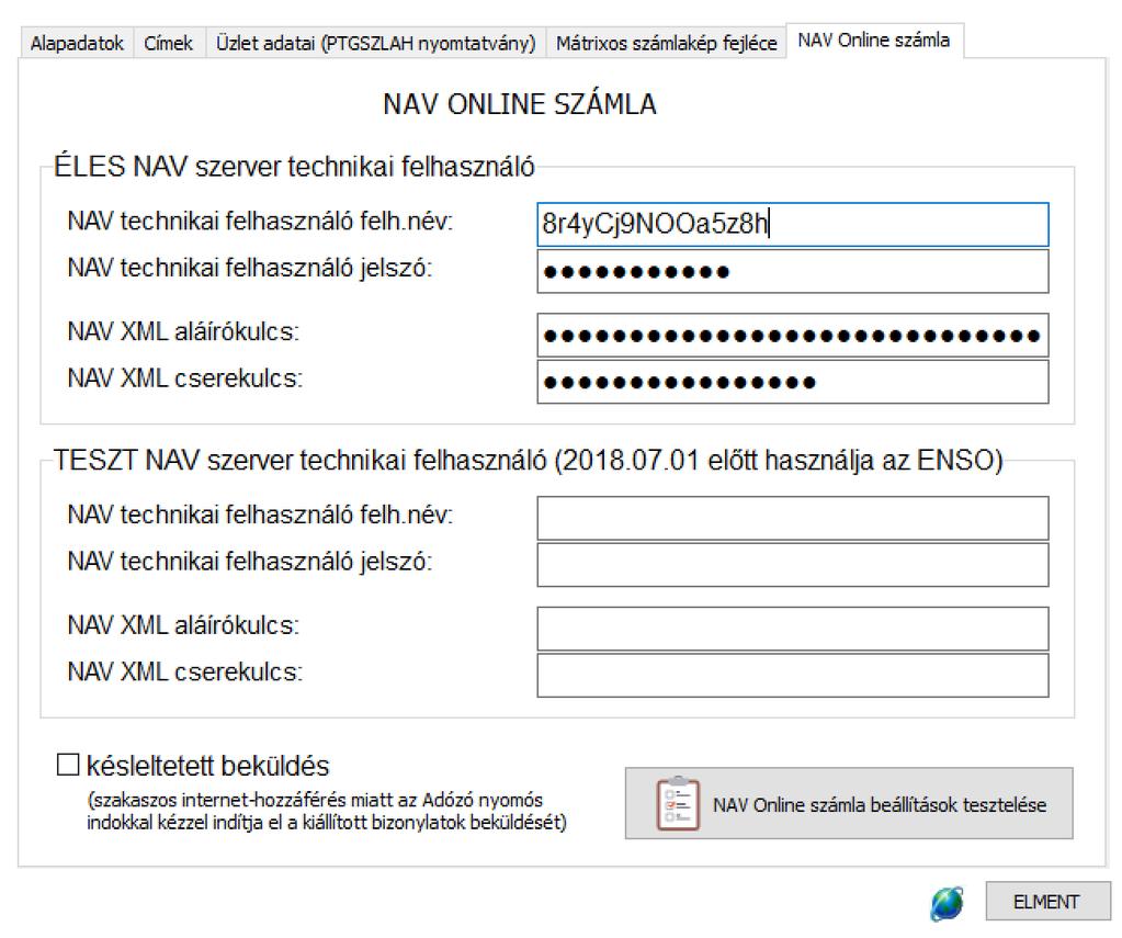 Ezután kattintsunk a NAV Online számla beállítások tesztelése gombra.