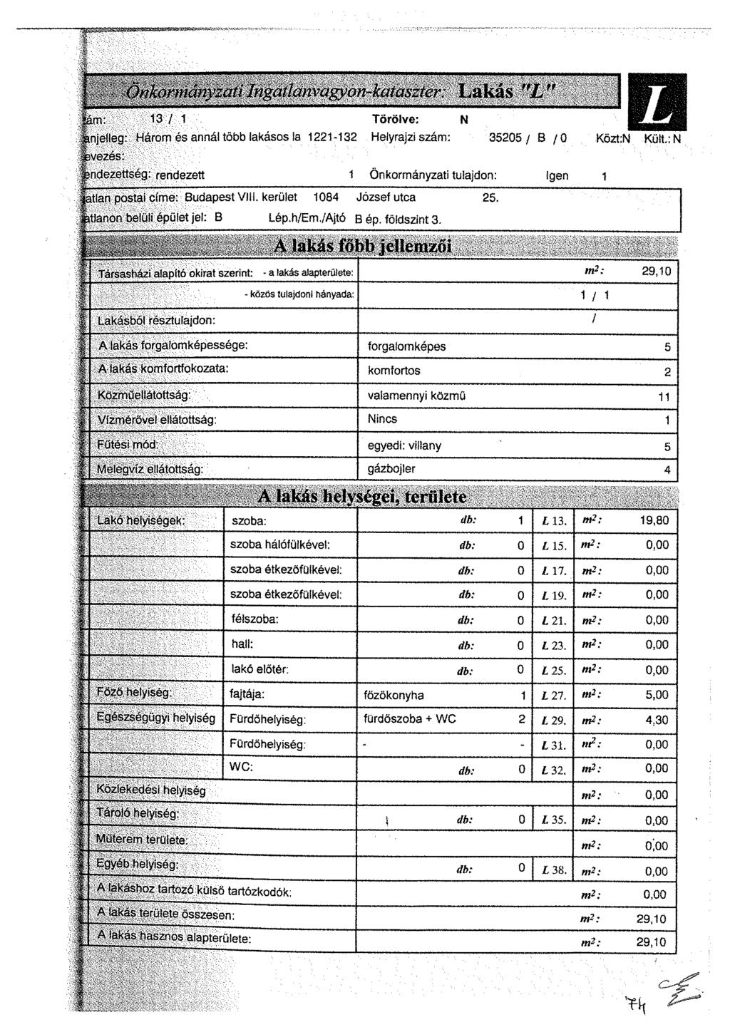 nyzati higaltanvagvan-kalaszu r Lakás "L " ím: 13/1 Törölve: N injéíleg: Három és annál több lakásos fa 1221-132 Helyrajzi szám: 35205/ B /0 svezés: jndezettség: rendezett 1 Önkormányzati tulajdon: