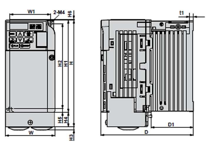 IP20/Nyitott ház NEMA 1 típusú Típus CIMR V NEMA típusú Kit Modell EZZ Méretek (mm) W1 H1 W H D t1 H2 H3 H4 H5 H6 D1 Egyfázisú 200V BA0001B 020564A 56 128 68 149.5 76 3 118 4 20 5 1.5 6.5 0.