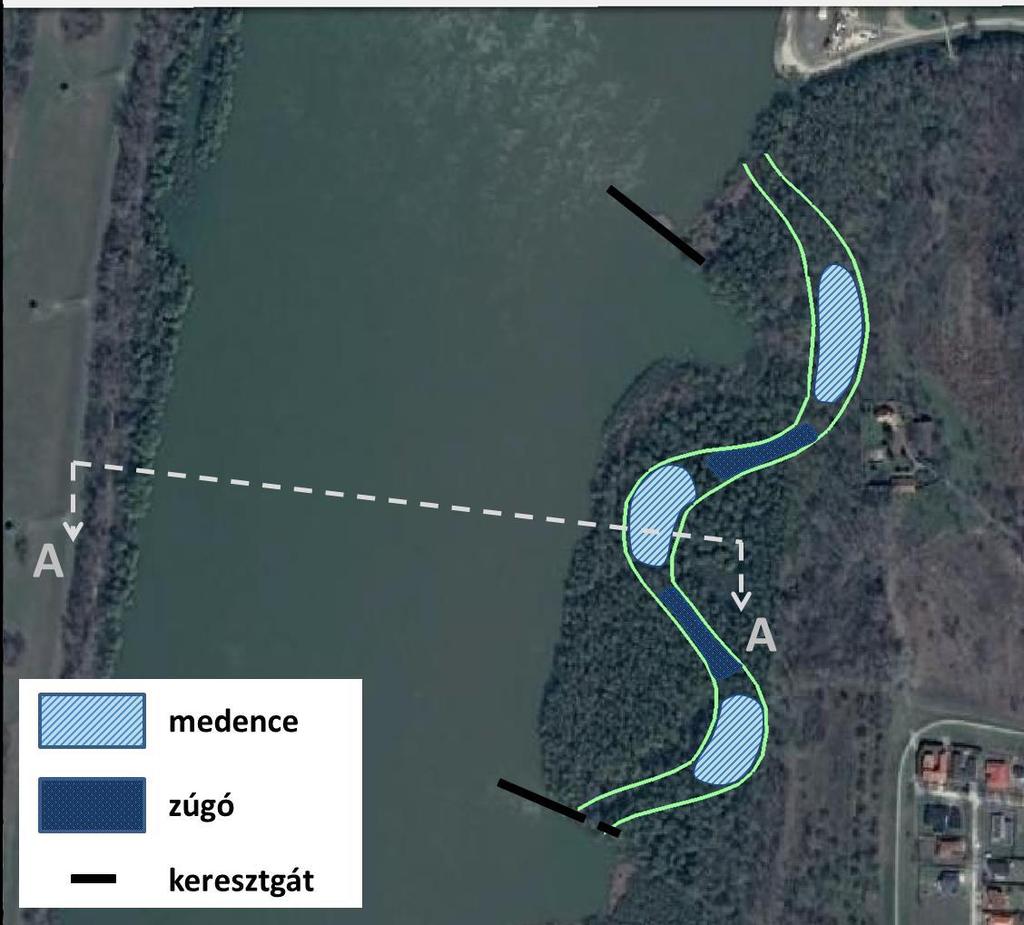 A vizsgált Duna-szakasz déli részén található sarkantyúpár környezetében a korábban említett mellékág kialakításának lehetőségét vizsgáltuk (8. ábra). A mellékág hossza 800 m, átlagos szélessége 25 m.