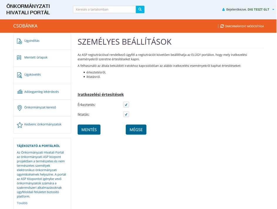 Személyes beállítások oldal ASP Központ Telefon: +36-1-327-5840 11