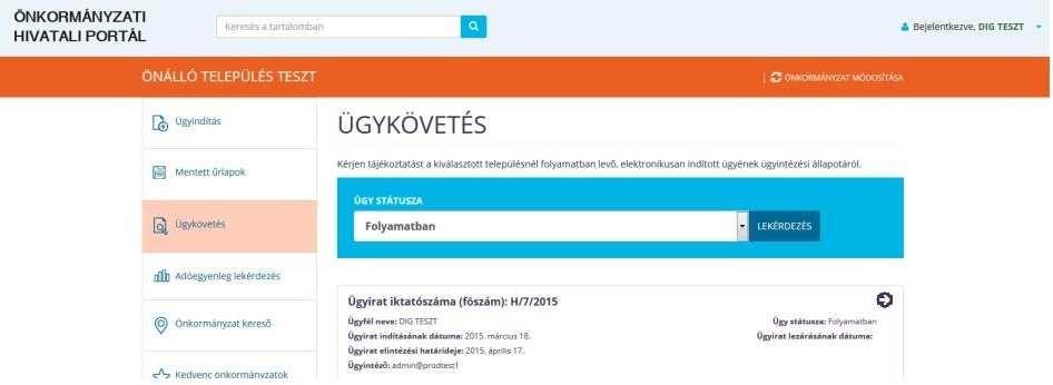 2.5. Ügykövetés Az alkalmazás lehetőséget biztosít a bejelentkezett ügyfelek számára az ügyintézési folyamat nyomon követésére, az ügyeik aktuális ügyintézési státuszának megismerésére.