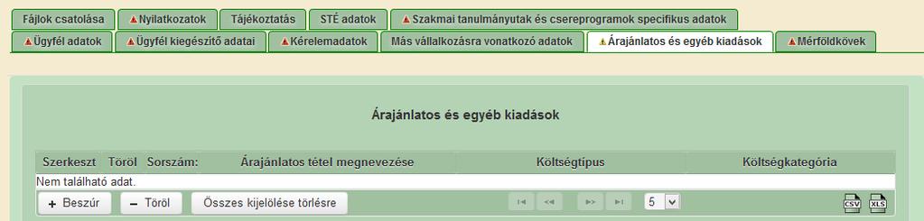 Árajánlatos és egyéb kiadások Ezen a fülön kell megadni a projekttel kapcsolatban minden olyan tételt, amihez árajánlat kapcsolódik vagy személyi jellegű