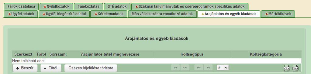 Árajánlatos és egyéb kiadások Ezen a fülön kell megadni a projekttel kapcsolatban minden olyan tételt, amihez árajánlat kapcsolódik vagy személyi jellegű