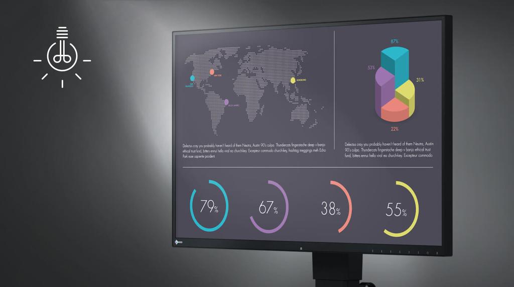 10 bites LUT nélkül 10 bites LUT-tal EIZO monitor Hagyományos monitor Energiamegtakarítás és szemkímélés az Auto EcoView funkcióval Minden fényviszonynál tökéletes: Az Auto-EcoView funkció a monitor