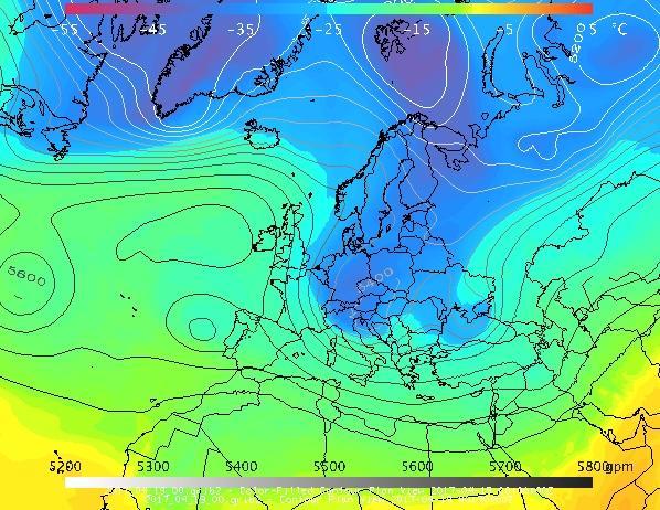 20. ábra: A színezett területek az 500 hpa-os nyomási szint hőmérsékletét, a folytonos