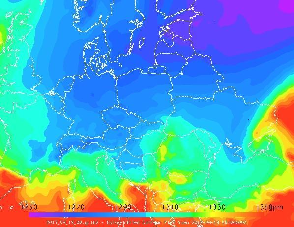 27. ábra: 850/1000 relatív topográfia térkép 2017. április 19-én 00 UTC-kor (Saját ábra). A későn visszatérő téli időjárás jelentős károkat okozott a természetben és az infrastruktúrában is.