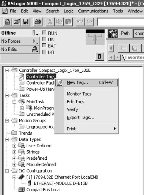 4 Tervezés, üzembe helyezés A master (EtherNet/IP scanner) tervezése Az új változók a könyvtárszerkezet [Controller CompactLogix] / [Controller Tag] pontja alatt hozhatók létre.