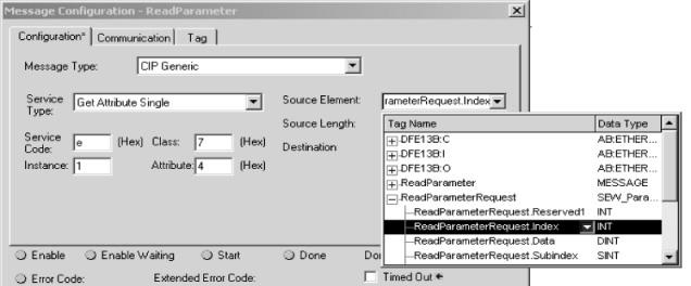 4 Tervezés, üzembe helyezés A master (EtherNet/IP scanner) tervezése 11199AXX A "Source element" (forráselem) legördülő menüben válassza ki az elején létrehozott request (kérés) struktúrát.