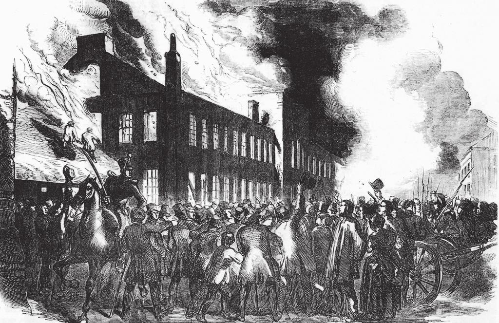 1848 KANADÁBAN 4. kép. A montreali törvényhozás égő épülete a London Illustrated News hasábjain futottak. A csőcselék betört az épületbe és összetörte a berendezést.