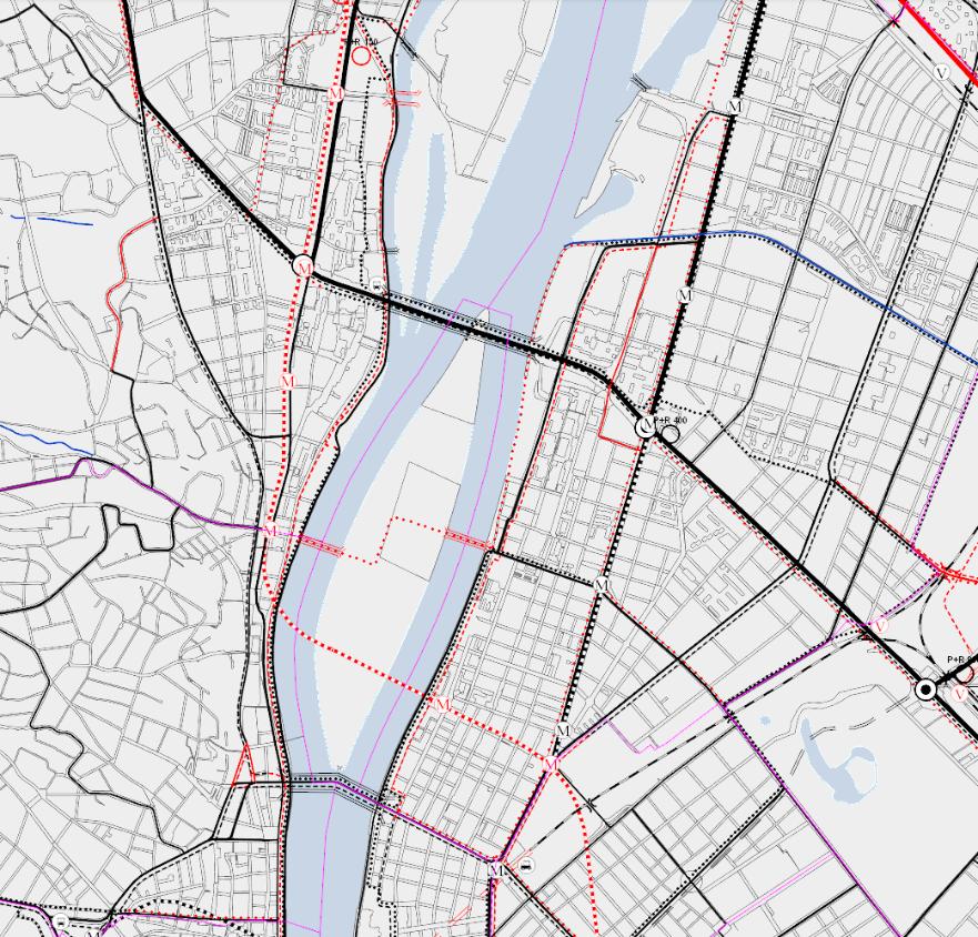 6. ábra: TSZT Közlekedési infrastruktúra tervlap kivonat A Budapest főváros rendezési szabályzata a TSZT-vel összhangban tartalmazza a meglévő és tervezett településszerkezeti jelentőségű kerékpáros