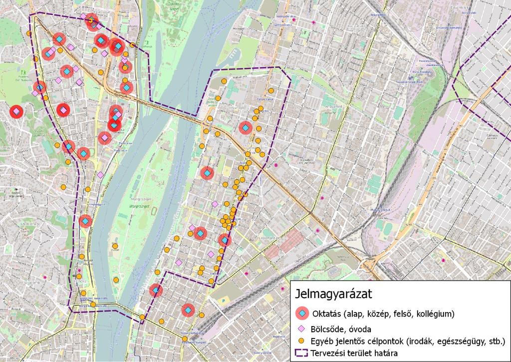 A Budapesti közbringa-rendszer és a hozzá kapcsolódó infrastruktúra fejlesztése 8. ábra: A projektterület legfontosabb forgalomvonzó létesítményei 3.2.
