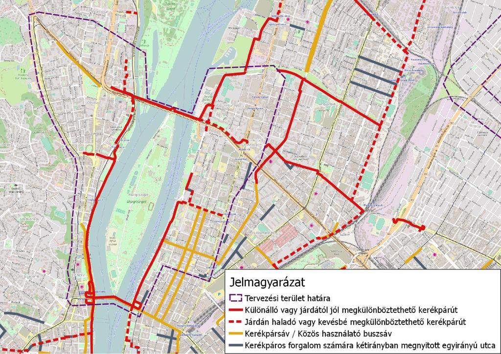 34. ábra: A projektterület jelölt kerékpáros létesítményei 3.3.3 Értékelés és problématérkép A vizsgált terület kerékpározhatóság szempontjából vegyes képet mutat, de összességében kimondható, hogy a