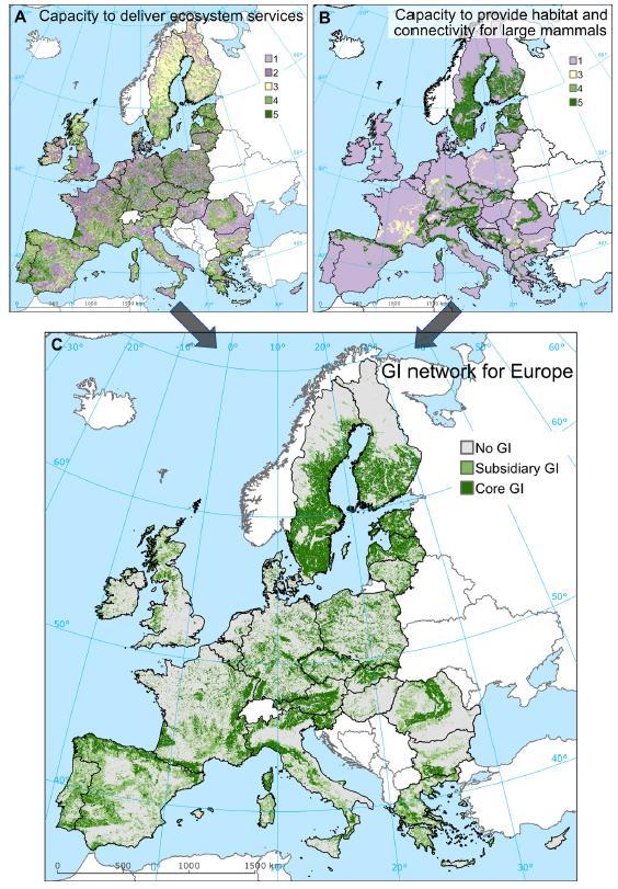 13. ábra Zöldinfrastruktúra területek lehatárolása az ökoszisztéma-szolgáltatás és az élőhely térkép összevetésével Mapping and Assessment of Ecosystem Services (MAES) 12 Az EU MAES munkacsoportjának