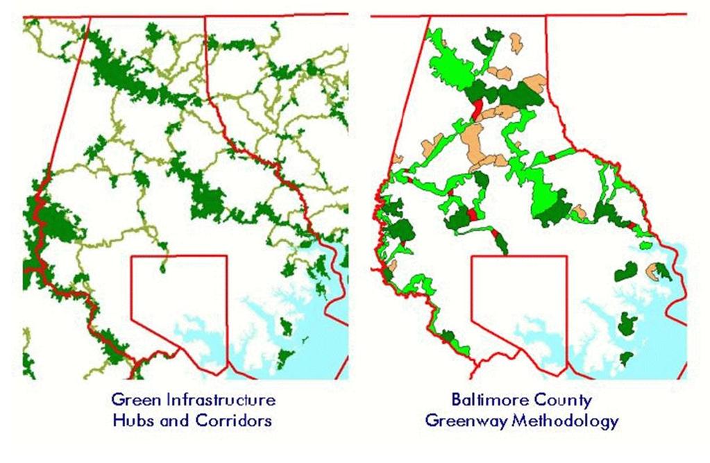 A két térkép hálózatai egybevágnak greenway terv kevésbé finom, kevesebb hálózati kapcsolatot tartalmaz, néhol máshova helyezi a hangsúlyt a