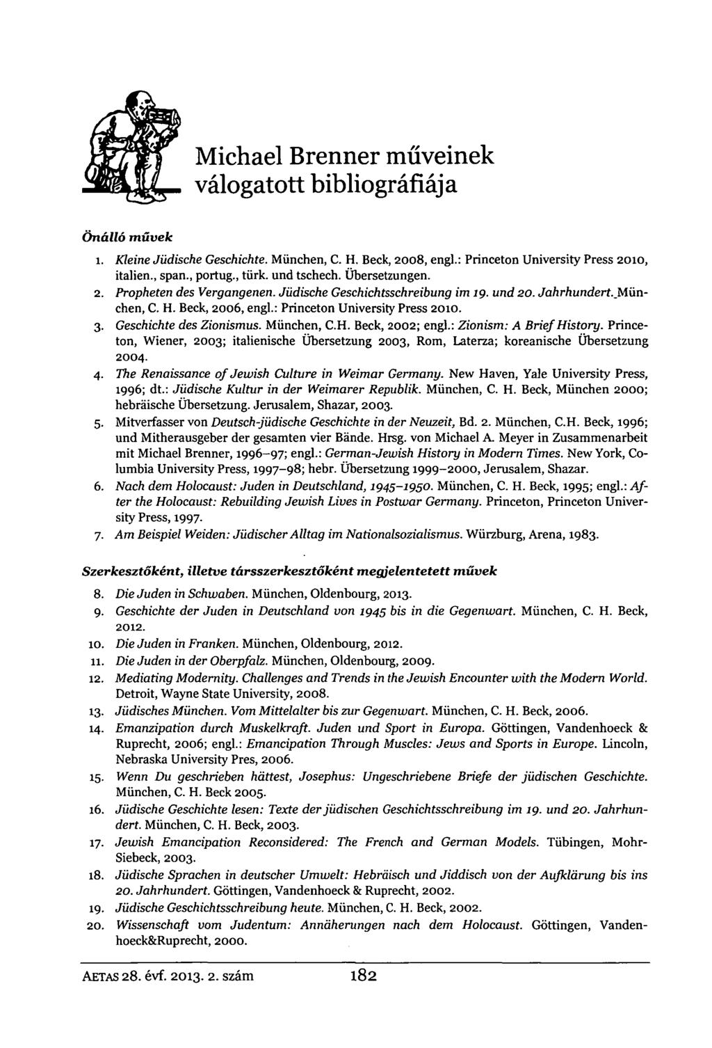 Michael Brenner műveinek válogatott bibliográfiája Önálló művek í. Kleine Jüdische Geschichte. München, C. H. Beck, 2008, engl.: Princeton University Press 2010, italien., span., portug., türk.