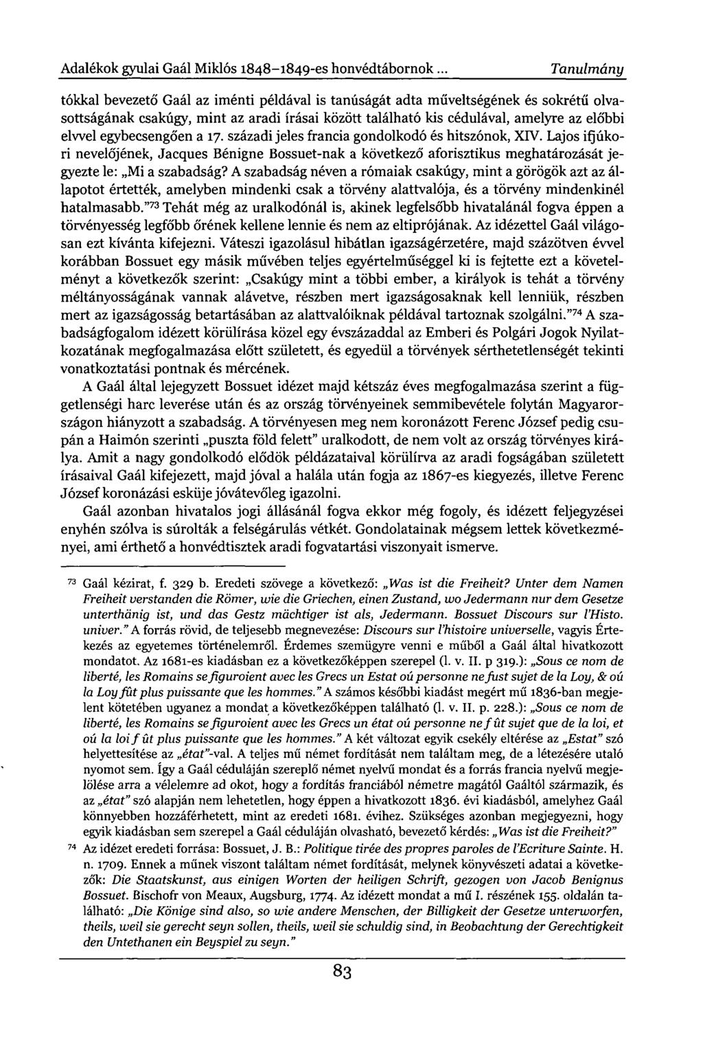 Adalékok gyulai Gaál Miklós 1848-1849-es honvédtábornok.