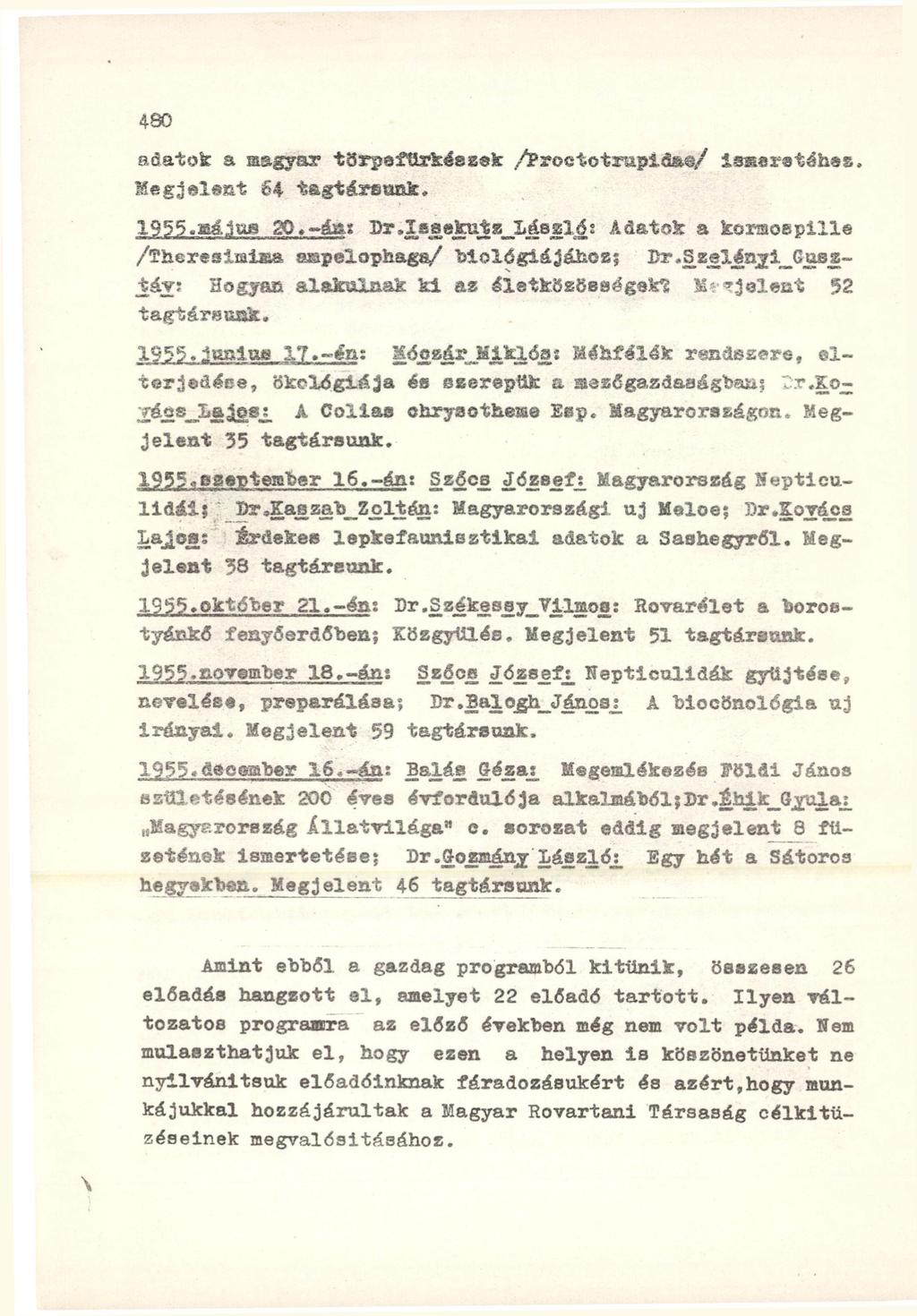 adatok a magyar törpefürkészek /Froetotrupida / Isseratáhes. Megjelent 64 tagtársunk, 1955. május 20.-án: Br.