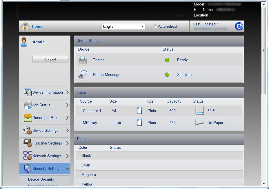 A biztonsági beállítások módosítása Ez a rész ismerteti a biztonsági beállítások módosítását. 1 Nyissa meg az Embedded Web Server RX alkalmazást, lásd: Az Embedded Web Server RX elérése, 2-5. oldal.